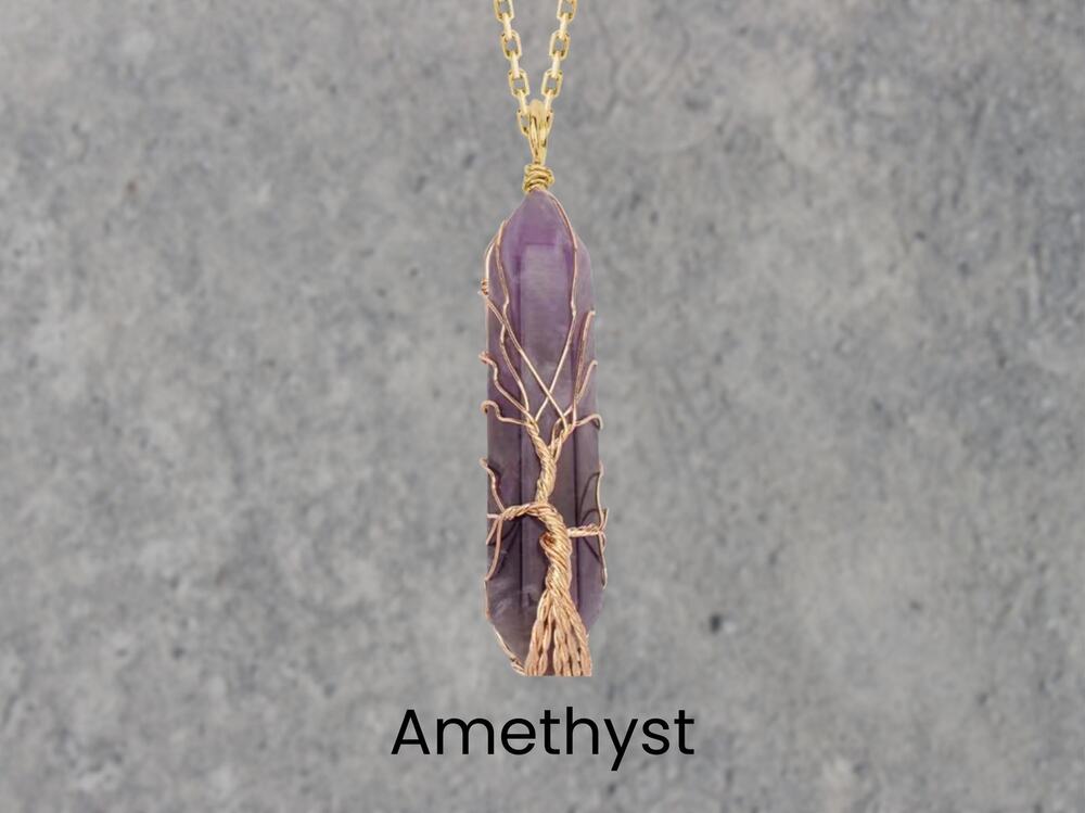 Amethyst Gold Tree of Life Wrapped Necklace Boho Fairycore